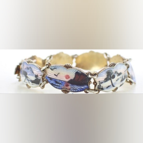 Guilloche Sterling Norway Scene Panel Links Ivar Holt 925 1950's Signed Bracelet - Picture 3 of 14